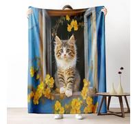 LLponhg Vintage Cat Fleece Throw Blanket Warm Cozy Botanic Bloom Plush Blanket for Camping, Soft Fuzzy Light Blue Blanket for Sofa Bed, Gifts for Boys Adults, 150 x 200 cm