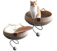 Llpsmeng Handwoven Rattan Bed Cat Bed with Cooling Mat and Cotton Mat, Foldable Sleeping Nest Basket Handmade Natural Cradle Scratcher Cuddler for Kitten Cute Style with a Playing Rope Ball(Medium)