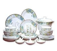 LLSHQ 50 Piece Bone China Dinnerware Set,Round Porcelain Chip Resistant Scratch Resistant Wear-Resistant Gold Trim Plate Bowl Dish Soup Pot Spoon
