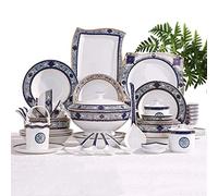 LLSHQ Ceramic Tableware Set with 55 Pieces/Bowl/Soup Pot/Spoon | Bone China Tableware, Blues Garden Pattern Porcelain Combination Set