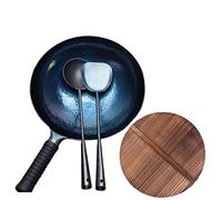 LLSHQ Chinese Hand Hammered Iron Woks, 11.8Inch Round Bottom Wok Pan and Stir Fry Pans with Wooden Lid, No Coating, Less Oil, Non-Stick Pot(36cm/14.17inch)