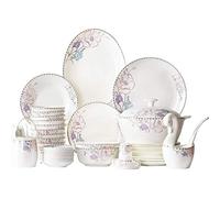 LLSHQ Classic Ceramics Dinnerware Set with 50-Piece,Bowl/Dish/Soup Pot/Spoon|Bone China Dinner Sets,Purple Flower Pattern Porcelain Combination Set