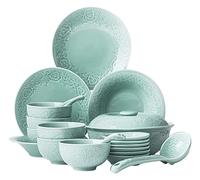LLSHQ Dinnerware Sets for Dinner Party 24 Pieces Celadon Carved Porcelain Dinnerware Set | Cereals Bowl & Soup Pot & Plate for Wedding Gifts and Family Gathering