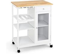 LLSHQ Rolling Kitchen Island Wood Top Trolley Storage Cabinet with Shelves and Wine Rack Kitchen Cart