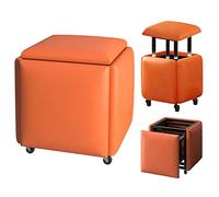 LLSHQ Square Stool 5 In 1 Magic Cube Chair with Orange PU Leather Seat and Swivel Wheels, Home Sofa Storage Combination Stackable Stool