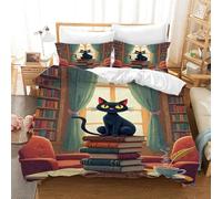 LLSZAHD Black Cat Baby Bed Duvet Cover Sets 3 Piece(120 x 150 cm), Vintage Bookshop Bedding, Soft and Breathable Microfiber Zipper Quilt Cover and 2 Pillowcases, Easy to Clean and Care, for Bedroom