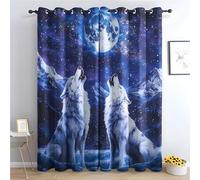 LLSZAHD Blue and Purple Starry Sky Blackout Curtains Howling wolf on a snowy mountain Thermal Curtains for LivingRoom Bedroom, Eyelet Curtain W 66" x L 54" Set of 2 Panels