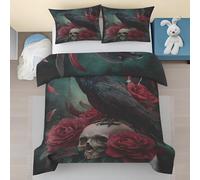 LLSZAHD Gothic Crow Single Duvet Cover Skull Florals Bedding Set 110gsm Microfiber Comfortable Soft Quilt Covers + 2 Pillowcases 19" x 29", with Zipper Closure