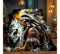LLSZAHD Native American Warrior Fleece Blanket, Wolf Throw Blanket, Soft Warm Fuzzy Washable Blanket for Sofa, Chair, Lap, Travel, Pets, excellent gift (40"x60")