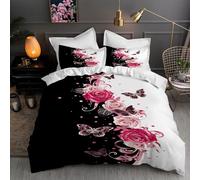 LLSZAHD Roses and Butterflies Single Bedding Set Black and White Minimalist Print Single Duvet Cover Brushed Microfiber Reversible Quilt Covers with 2 Pillowcases with Zipper Closure ZM620
