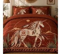 LLSZAHD Unicorn Print Duvet Cover Double Size Crimson Red | Bohemian Style, Brushed Microfiber 3-Piece Set, Double-Sided Design, 4 Corner Ties, Hidden Zipper Closure
