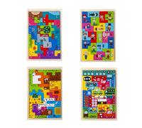 LLTCMYGS 4-In-1 Wooden Tetris Puzzle Set, Animal, Vehicle & People Pattern Block Puzzles,Four piece Set