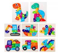 LLTCMYGS Montessori 3D Numbered Jigsaw Puzzles, 8PCS Dinosaur & Vehicle Wooden Puzzle Set