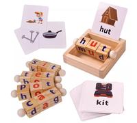 LLTCMYGS Montessori Rotating Letter Puzzle, Wooden Letter Cube Spelling Game with Flashcards for Toddlers