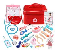 LLTCMYGS Montessori Wooden Doctor Play Set, Pretend Play Medical Kit with Stethoscope & Dentist Tools,Model C