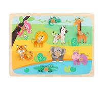 LLTCMYGS Montessori Wooden Peg Puzzle, Zoo Animal Shape Matching Board with Large Knobs,Model J
