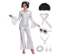 LLTTEER Women's 70s Disco Outfit Costume Set,9 Pieces Abba Disco Outfits | Disco Costume with Flared Pants,1970s Disco Accessory Set,Fancy Dress Women for Halloween Cosplay Party