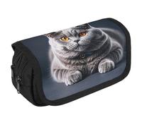 LLUTSNTH A Gray Cat Is Lying 2 Compartments Pencil Case Makeup Bag | Large Capacity Polyester Pencil Pouch with Handle | Toiletry & Cosmetic Bag Organizer for Travel Office