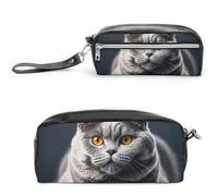 LLUTSNTH A Gray Cat Is Lying Pencil Case - Large Capacity Pen Pouch Aesthetic Makeup Bag with Zipper Leather Pencil Bag for Stationery, Art Supplies, Travel Essentials