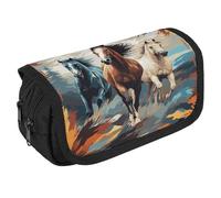 LLUTSNTH A Pattern with Horses As A Background 2 Compartments Pencil Case Makeup Bag | Large Capacity Polyester Pencil Pouch with Handle | Toiletry & Cosmetic Bag Organizer for Travel Office