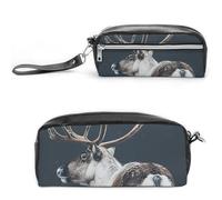 LLUTSNTH A Reindeer Standing Pencil Case - Large Capacity Pen Pouch Aesthetic Makeup Bag with Zipper Leather Pencil Bag for Stationery, Art Supplies, Travel Essentials