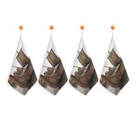LLUTSNTH Absorbent Hand Towels Super Soft Face Towel Old Viking Boat Bath Towels Set of 4PCS Gym Towel with Hanging Loop Decorative Kitchen Hand Toweles for Yoga Camping Hotel Spa Travel