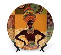 LLUTSNTH African Woman Ceramic Decorative Plate Boho Bone China Decorative Plate with Display Stand Wall Hanging Ornament Plates for Kitchen Dining Room Wine Cabinet Home Décor 8inch