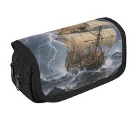 LLUTSNTH Ancient Sailing Ship in Storm 2 Compartments Pencil Case Makeup Bag | Large Capacity Polyester Pencil Pouch with Handle | Toiletry & Cosmetic Bag Organizer for Travel Office
