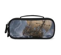 LLUTSNTH Ancient Sailing Ship in Storm Pencil Case - Large Capacity Pencil Pouch Aesthetic Makeup Bag with Zipper Leather And Handle Design Pen Bag for Stationery, Art Supplies, Travel Essentials
