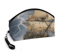 LLUTSNTH Ancient Sailing Ship in Storm Travel Makeup Bag, Large Capacity Cosmetic Bag for Women, Waterproof PU Leather, Curved Portable Toiletry Bag for Skincare, Brushes & Travel Essentials