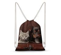 LLUTSNTH Angel Wing Drawstring Backpack for Women - Large Canvas Sackpack, Gym Sport Travel Bag, Drawstring Bags, Cat and Dog Sitting in Leather Pocket, 35X50 cm