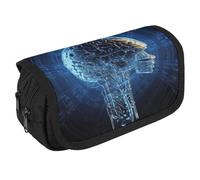 LLUTSNTH Artificial Intelligence Brain 2 Compartments Pencil Case Makeup Bag | Large Capacity Polyester Pencil Pouch with Handle | Toiletry & Cosmetic Bag Organizer for Travel Office