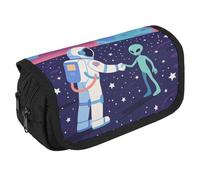 LLUTSNTH Astronaut Meets Alien 2 Compartments Pencil Case Makeup Bag | Large Capacity Polyester Pencil Pouch with Handle | Toiletry & Cosmetic Bag Organizer for Travel Office