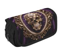LLUTSNTH Baroque Metal Skull 2 Compartments Pencil Case Makeup Bag | Large Capacity Polyester Pencil Pouch with Handle | Toiletry & Cosmetic Bag Organizer for Travel Office