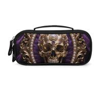 LLUTSNTH Baroque Metal Skull Pencil Case - Large Capacity Pencil Pouch Aesthetic Makeup Bag with Zipper Leather And Handle Design Pen Bag for Stationery, Art Supplies, Travel Essentials