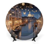 LLUTSNTH Beautiful Venice at Night Ceramic Decorative Plate Boho Bone China Decorative Plate with Display Stand Wall Hanging Ornament Plates for Kitchen Dining Room Wine Cabinet Home Décor 10inch