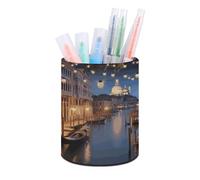 LLUTSNTH Beautiful Venice at Night Pen Holder Leather Pencil Holder Pen Cup Makeup Brush Holders Leather Pencil Cup Desk Pens Pot Desktop Organizer Pencils Caddy for Office Home Stationery Supplies