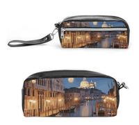 LLUTSNTH Beautiful Venice at Night Pencil Case - Large Capacity Pen Pouch Aesthetic Makeup Bag with Zipper Leather Pencil Bag for Stationery, Art Supplies, Travel Essentials
