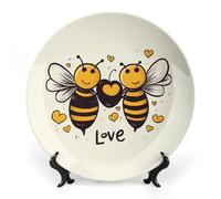 LLUTSNTH Bee Love Honey Ceramic Decorative Plate Boho Bone China Decorative Plate with Display Stand Wall Hanging Ornament Plates for Kitchen Dining Room Wine Cabinet Home Décor 8inch