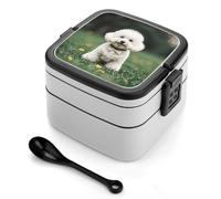 LLUTSNTH Bichon Frise Dog on The Grass Stackable Bento Box with Spoon - Leak Proof Lunch Container, Insulated Food Storage Boxes/Invisible Handle for Office, Travel & Picnic