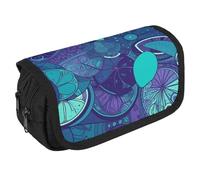 LLUTSNTH Black And White Image 2 Compartments Pencil Case Makeup Bag | Large Capacity Polyester Pencil Pouch with Handle | Toiletry & Cosmetic Bag Organizer for Travel Office, Blue Teal Lemon, One
