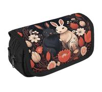 LLUTSNTH Black And White Image 2 Compartments Pencil Case Makeup Bag | Large Capacity Polyester Pencil Pouch with Handle | Toiletry & Cosmetic Bag Organizer for Travel Office, Cartoon Rabbit Couple