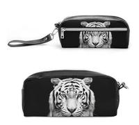 LLUTSNTH Black And White Tiger Pencil Case - Large Capacity Pen Pouch Aesthetic Makeup Bag with Zipper Leather Pencil Bag for Stationery, Art Supplies, Travel Essentials
