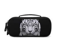 LLUTSNTH Black And White Tiger Pencil Case - Large Capacity Pencil Pouch Aesthetic Makeup Bag with Zipper Leather And Handle Design Pen Bag for Stationery, Art Supplies, Travel Essentials