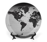 LLUTSNTH Black And White World Map Ceramic Decorative Plate Boho Bone China Decorative Plate with Display Stand Wall Hanging Ornament Plates for Kitchen Dining Room Wine Cabinet Home Décor 7inch