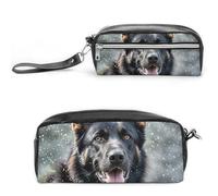 LLUTSNTH Black German Shepherd Dog Pencil Case - Large Capacity Pen Pouch Aesthetic Makeup Bag with Zipper Leather Pencil Bag for Stationery, Art Supplies, Travel Essentials