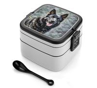 LLUTSNTH Black German Shepherd Dog Stackable Bento Box with Spoon - Leak Proof Lunch Container, Insulated Food Storage Boxes/Invisible Handle for Office, Travel & Picnic