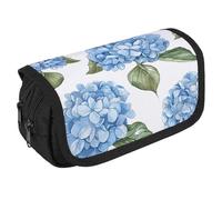 LLUTSNTH Blue Hydrangea Pattern 2 Compartments Pencil Case Makeup Bag | Large Capacity Polyester Pencil Pouch with Handle | Toiletry & Cosmetic Bag Organizer for Travel Office