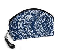 LLUTSNTH Blue Polynesian Maori Tribal Pattern Travel Makeup Bag, Large Capacity Cosmetic Bag for Women, Waterproof PU Leather, Curved Portable Toiletry Bag for Skincare, Brushes & Travel Essentials