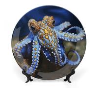 LLUTSNTH Blue Ringed Octopus Ceramic Decorative Plate Boho Bone China Decorative Plate with Display Stand Wall Hanging Ornament Plates for Kitchen Dining Room Wine Cabinet Home Décor 6inch